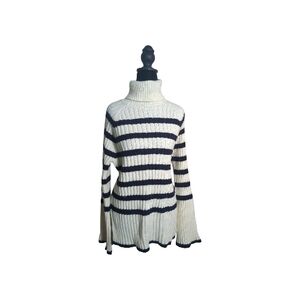 Hem & Thread Large White Navy Striped Cable Knit Turtleneck Sweater Bell Sleeve